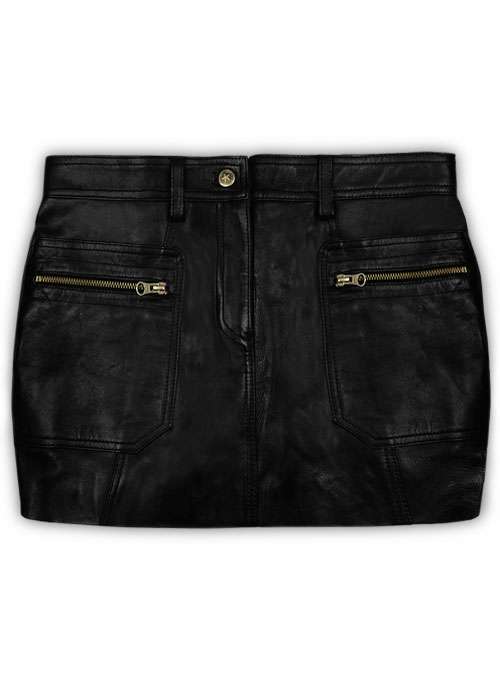 Black Utility Leather Mini Skirt with Gold-Zip Patch Pockets